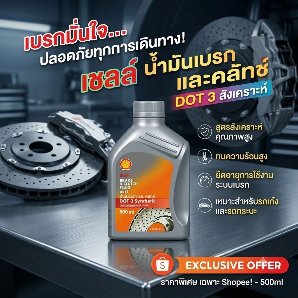 [แท้ 100%] น้ำมันเบรก Shell DOT 3 Synthetic (500ml) เชลล์ น้ำมันเบรกและคลัทช์สังเคราะห์ ทนความร้อนสูง เบรกมั่นใจ