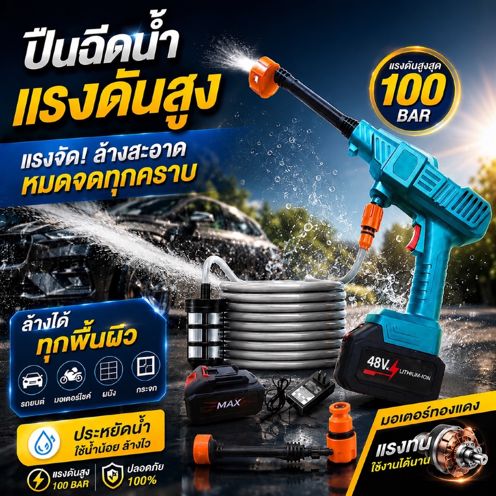 เครื่องฉีดน้ำไร้สาย รุ่นใหม่ 7 หัวฉีด แรงดันสูง ล้างรถ ล้างแอร์ รดน้ำต้นไม้ ใช้งานง่าย ทันสมัย