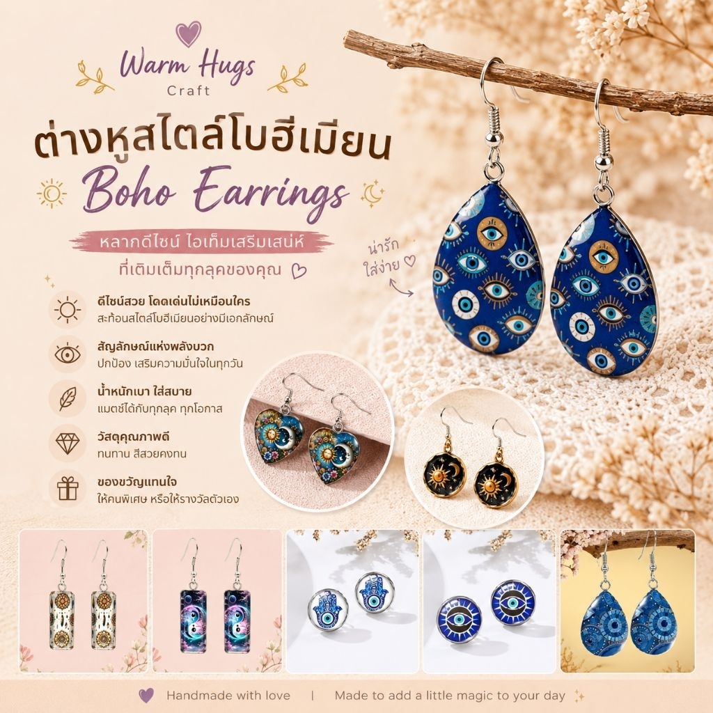 Earrings >> ต่างหู EVIL EYE ต่างหูสไตล์โบฮีเมียน ต่างหูหินนำโชค ต่างหูลูกปัด ต่างหูโลหะ เครื่องประดับ Wicca Celestial