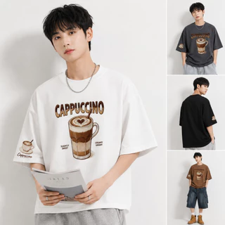 เสื้อยืดผ้าฝ้ายแท้คอกลมสไตล์เกาหลี ทรงโอเวอร์ไซซ์ เหมาะทั้งผู้ชายและผู้หญิง ดีไซน์พิมพ์ลายเครื่องดื่มกาแฟย้อนยุค