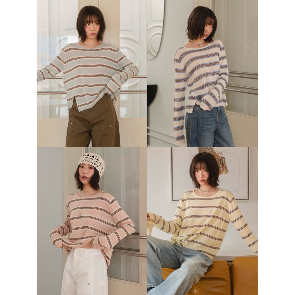 Sumwear.bkk - Sundae stripe top เสื้อไหมพรมลายทางแขนยาว ปลายเสื้อกระดุมโลโก้แบรนด์