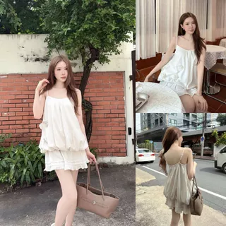 ส่งด่วน 🚨 SLYQ ROSE BALLOON LINEN SINGLET TOP เสื้อสายเดี่ยวทรงบอลลูนแต่งดอกกุหลาบ