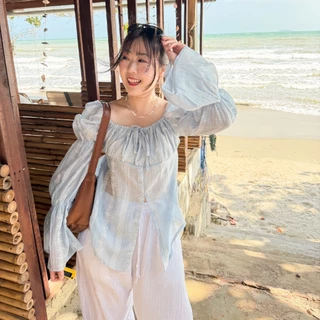 Balloon V.2🐳Chakiya.store❣️เสื้อคอเหลี่ยม มีซับช่วงอก แขนยาวจั้มพองๆ ฟีลชายทะเล