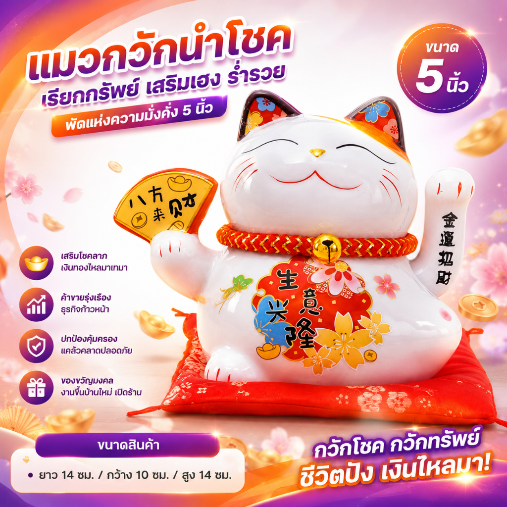 แมวกวัก นำพาความโชคดี 5นิ้ว วงล้อรับทรัพย์ แมวมงคลนำโชค เพิ่มพูนรับทรัพย์จับคู่กับโคมไฟ