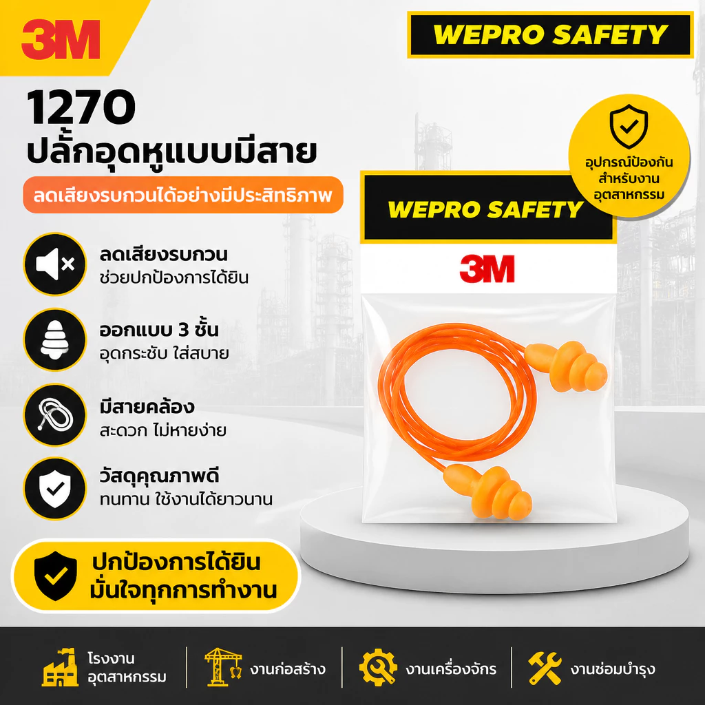 ปลั๊กอุดหูลดเสียง (Earplug) สายพีวีซี (สายสีส้ม) 3M 1270