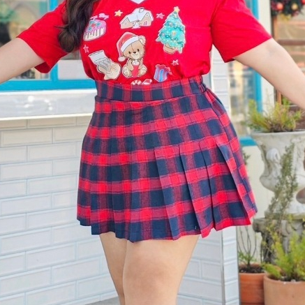 ชุดเซ็ต เสื้อยืดคอวี สกรีน ลายหมีคริสต์มาส + กระโปรงสั้นลายสก๊อตจีบรอบตัว 40"-60"
