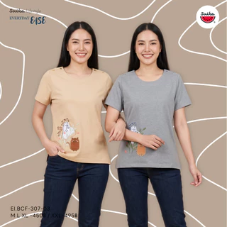 เสื้อแตงโม (SUIKA) - เสื้อยืดคอกลมกระดุมไหล่ ลายปักดอกไม้ ( EI.AOF-307 )