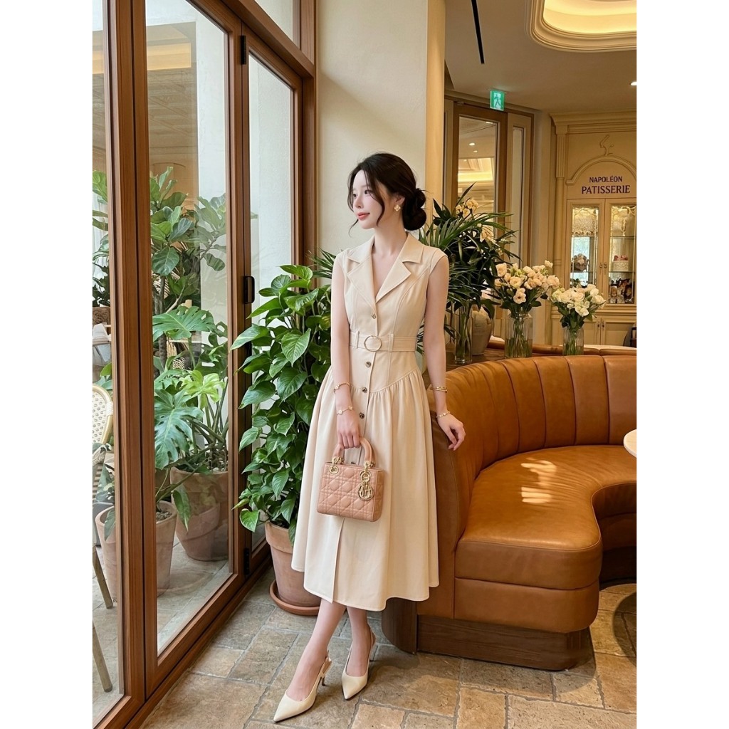 [NITTAYA] D2939 ชุดเดรสกระโปรงคอปกแขนกุดดีเทลกระดุมผ่าหน้าแต่งสายเข็มขัด ดีไซน์เรียบหรูดูแพง ใส่คาเฟ่ ดินเนอร์ ออกเดท