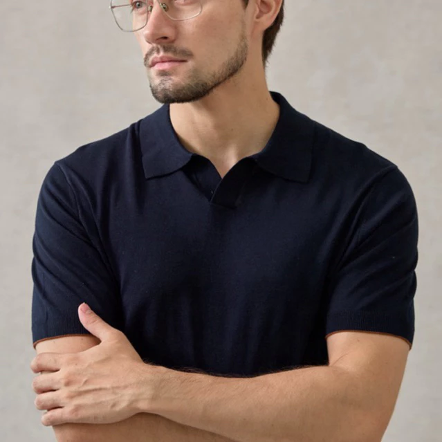 Thesilverneedle - V neck open collar short sleeve knit polo โปโลนิตแขนสั้นแบบคอปกวีชิ้นเดียว 100% LYOCELL (มีการปรับไซส)