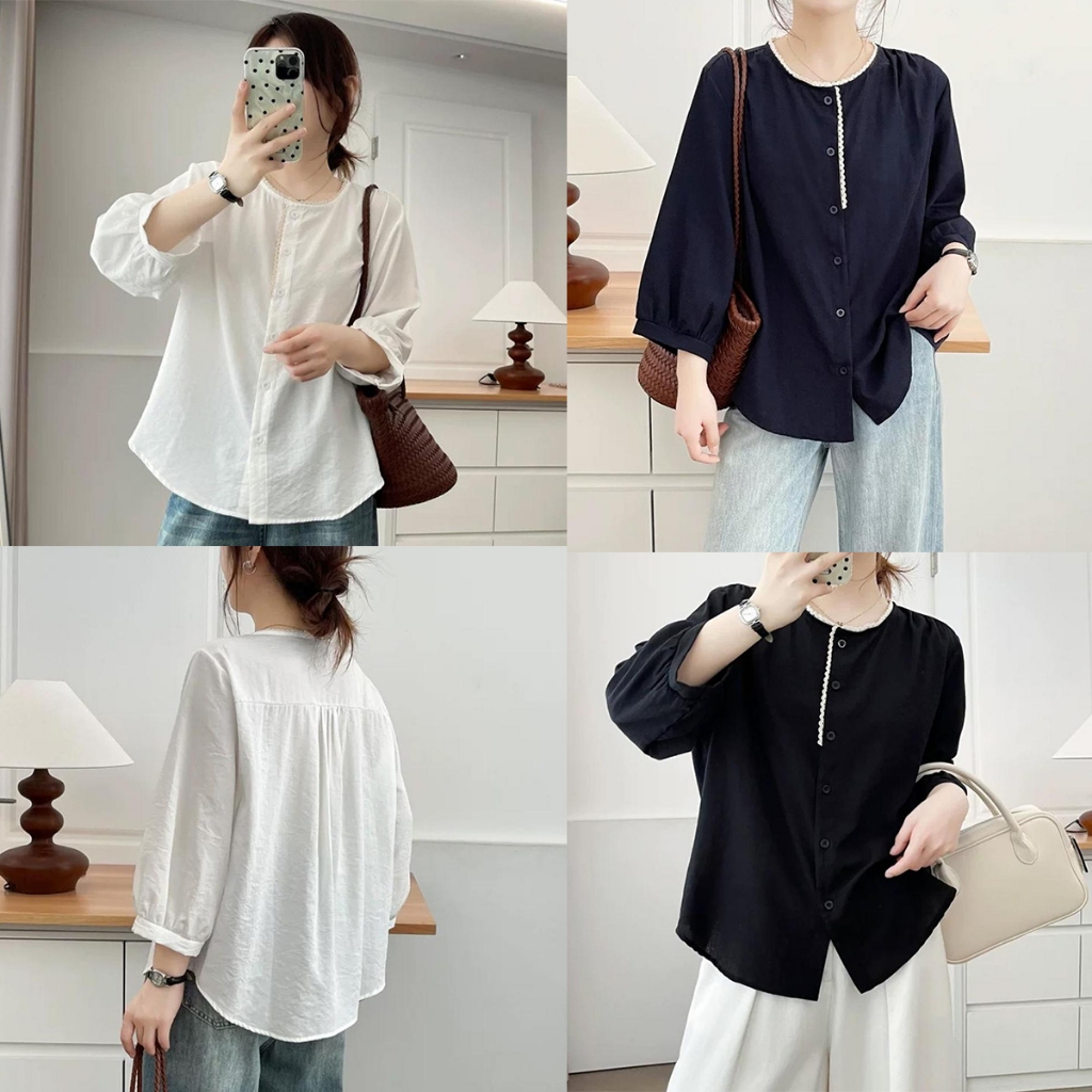 STYLE#เสื้อเชิ้ตคอกลมสำหรับผู้หญิง ดีไซน์สีพื้นเรียบ ตกแต่งด้วยลูกไม้ สไตล์เรโทรและทันสมัย#w747