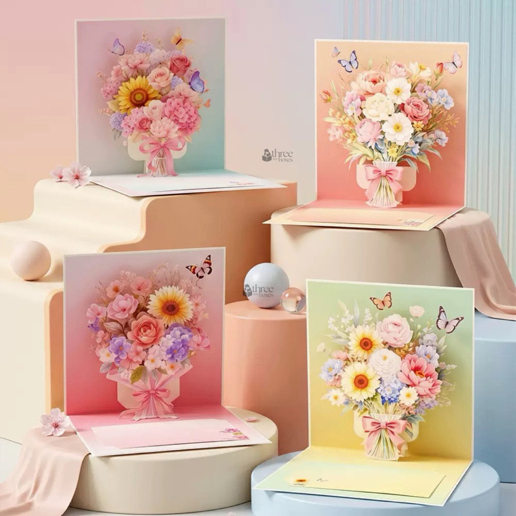 การ์ดดอกไม้ Pop up 3D การ์ดอวยพร พร้อมซอง ขนาดใหญ่ 15x15 cm. (Gift card) การ์ดวันแม่ การ์ดวาเลนไทน์
