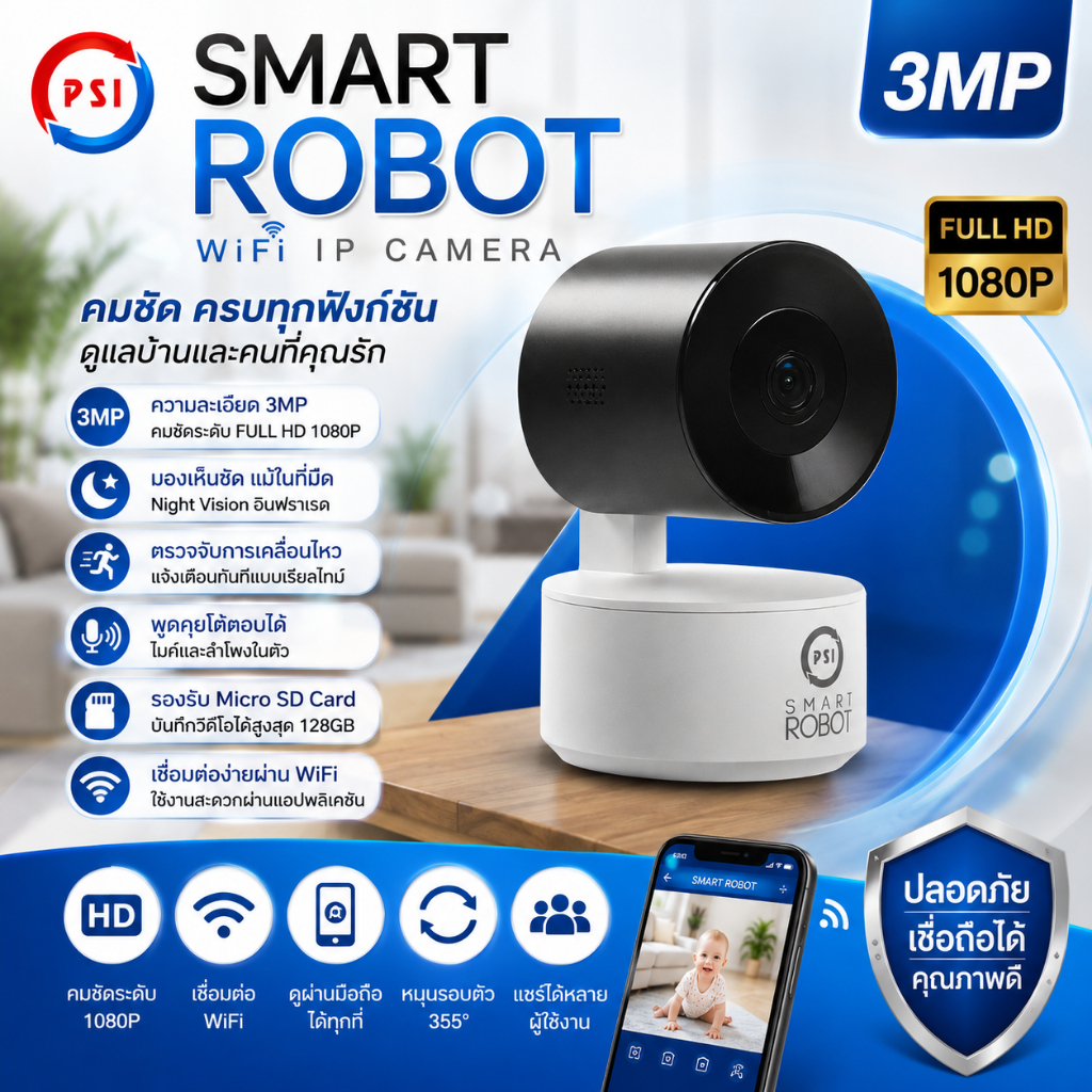 กล้อง PSI ROBOT 4 กล้องวงจรปิดไร้สายWifi,Full HD,ความละเอียด 2ล้านพิกเซล