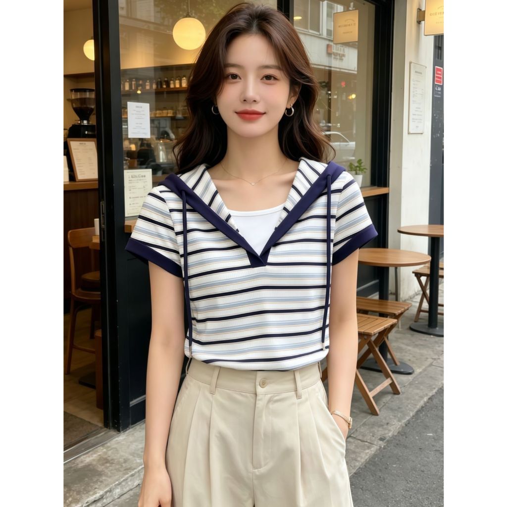 เสื้อยืดแขนสั้นมีฮู้ดสำหรับผู้หญิง ดีไซน์คัลเลอร์บล็อก – รูปที่ 5
