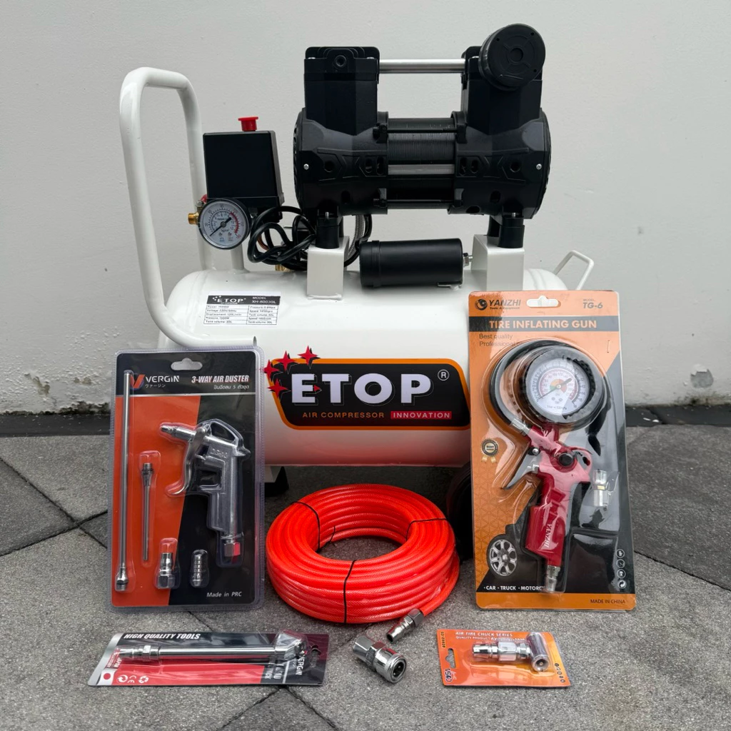 ETOP ปั๊มลม ถังลม ปั๊มลมโรตารี่ ปั๊มลมออยฟรี ขนาด 30 ลิตร กำลัง 1100W มอเตอร์สีเงิน-1500W มอเตอร์สีดำ (สินค้ามีตัวเลือก)