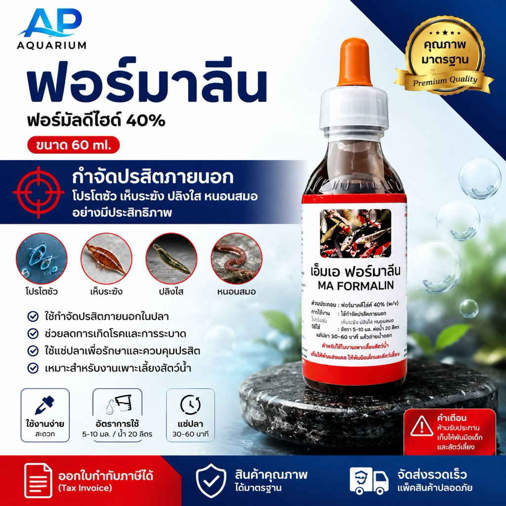 ฟอร์มาลีน ฟอร์มัลดีไฮด์ 40% ( ขวด 60 ml.) ใช้กำจัด ปรสิตภายนอก โปรโตซัว เห็บระฆัง ปลิงใส หนอนสมอ