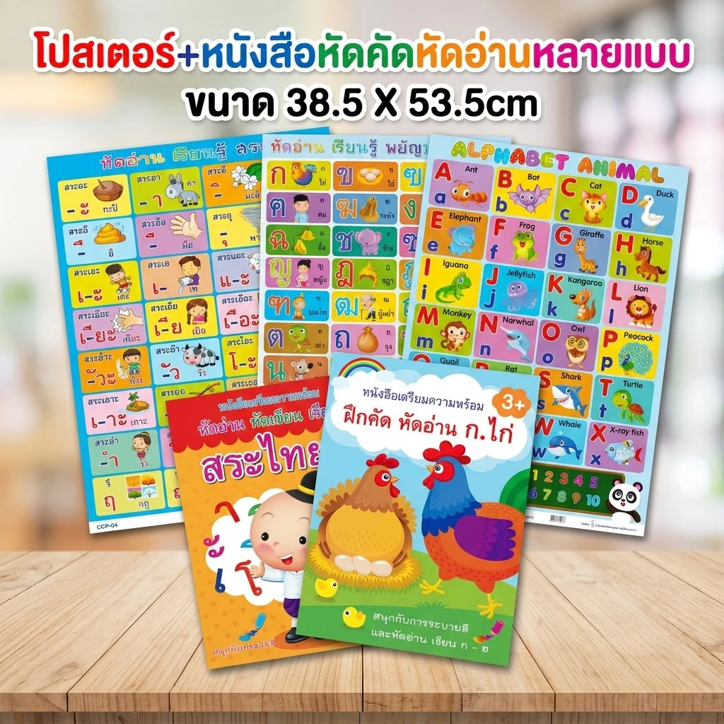 หนังสือพร้อมโปสเตอร์ฝึกเขียนฝึกอ่านระบายสีABC,กขค,สระไทย,สูตรคูณและนับเลข