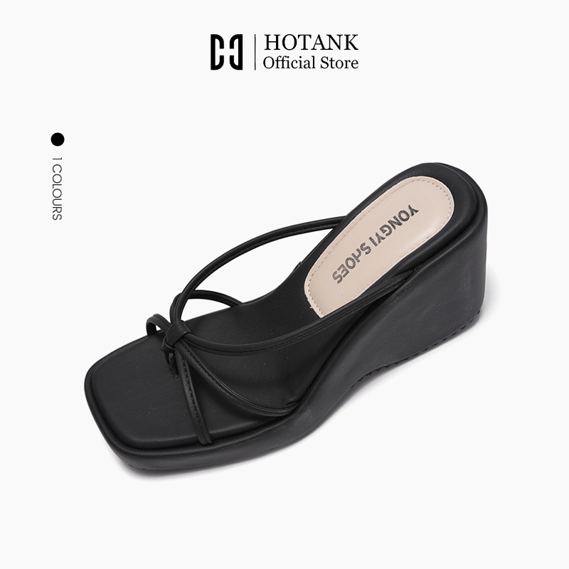 HOTANK รองเท้าแตะหนีบส้นลาดผู้หญิง สายบางพื้นหนาเพิ่มสูง กันลื่น สไตล์เกาหลี สำหรับเดทท่องเที่ยวสีดำ