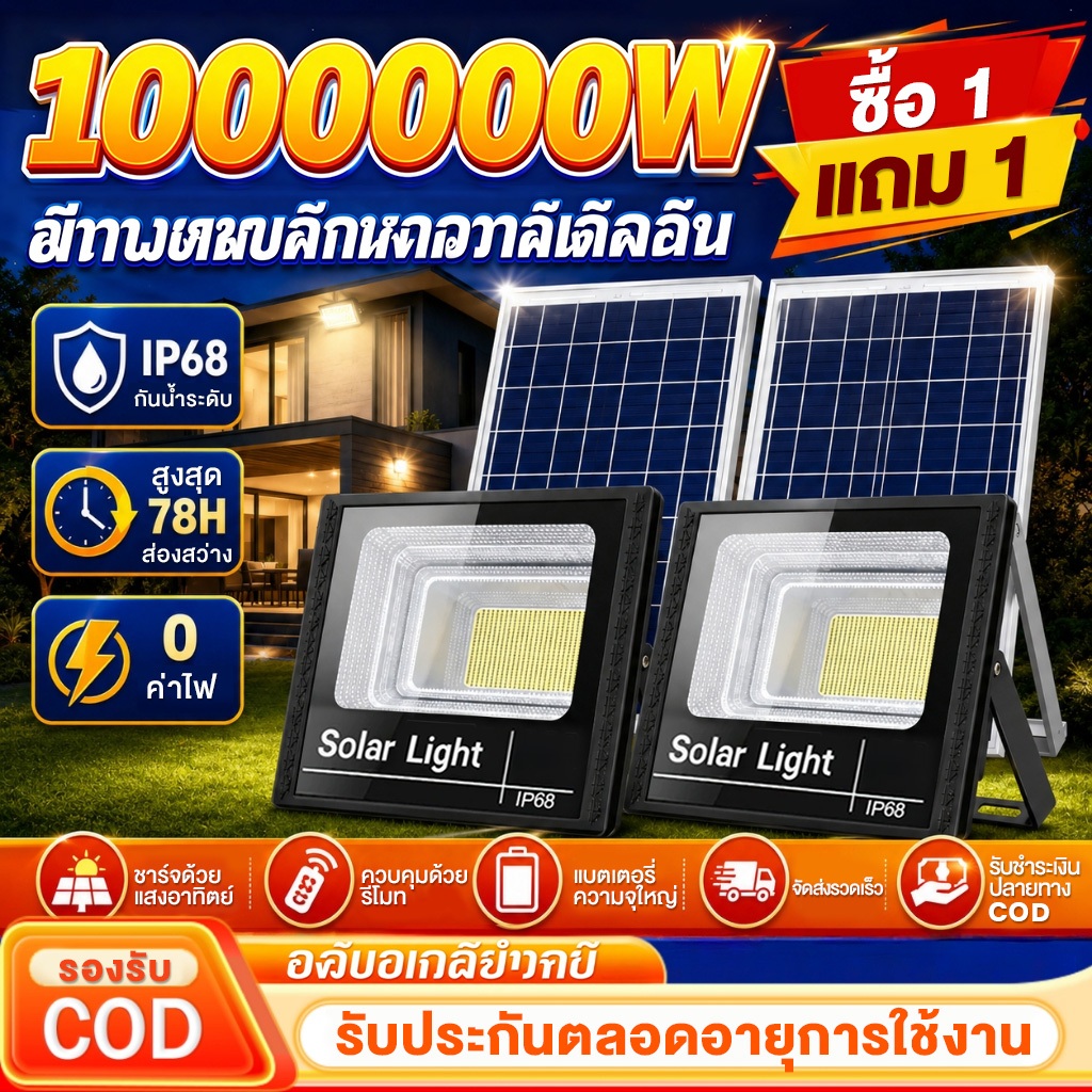 Glowsun【ซื้อ1แถม1】ไฟโซล่าเซลล์ 1000000W โซล่าเซลล์ ไaฟสปอตไลท์ กันน้ำ LED IP67 solar light outdoor ไฟถนน ไฟแสงอาทิตย์