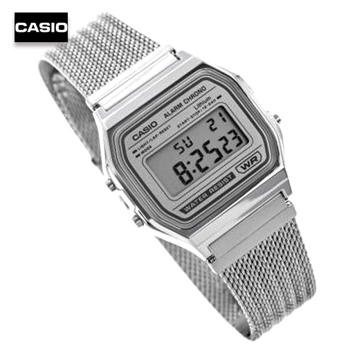 นาฬิกาข้อมือผู้ชายคาสิโอ ดิจิตอล Casio Digital สายสแตนเลสแบบถัก หน้าปัดสีเงิน รุ่น A158WEM-7DF, A158