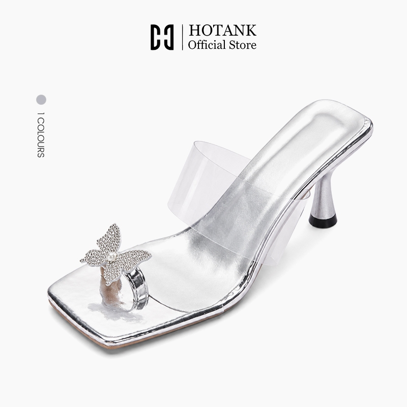 HOTANK รองเท้าแตะหนีบส้นเข็มเงิน ประดับผีเสื้อคริสตัล สายใสใสวิบวับ สไตล์หรูหรา สำหรับปาร์ตี้เดท