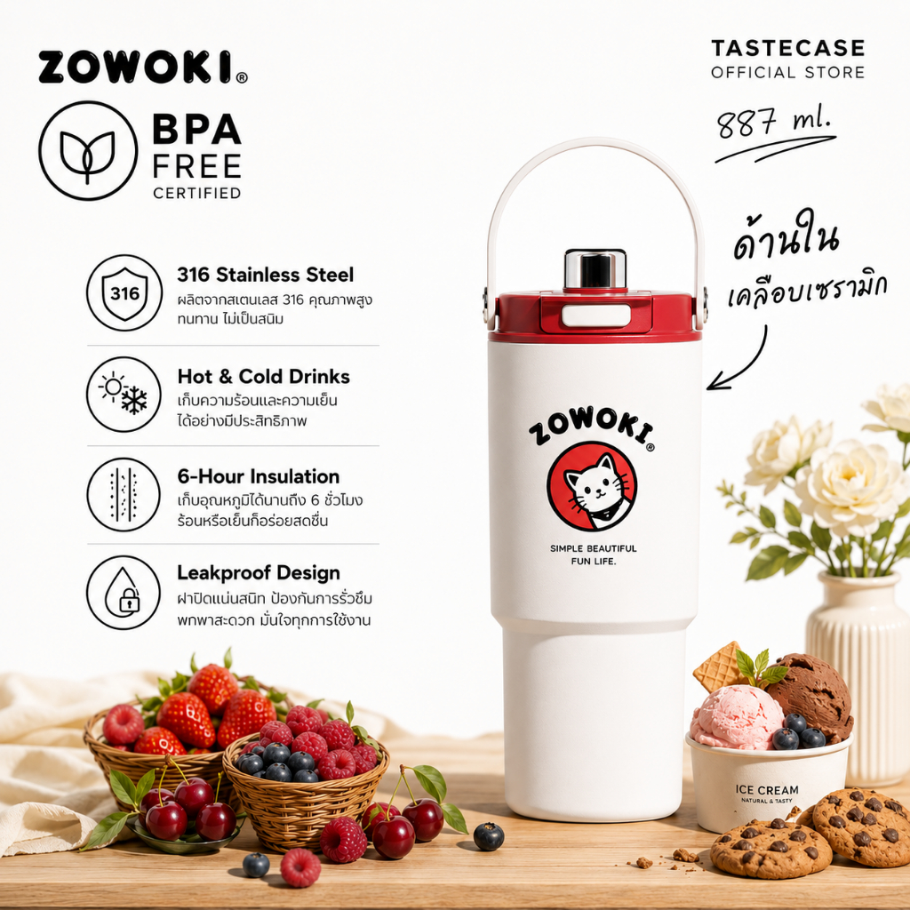 Zowoki Q21-887 กระบอกน้ำรักษาอุณหภูมิ แก้วเก็บความเย็น-ร้อน เกรดพรีเมี่ยม ความจุ 887 ml.