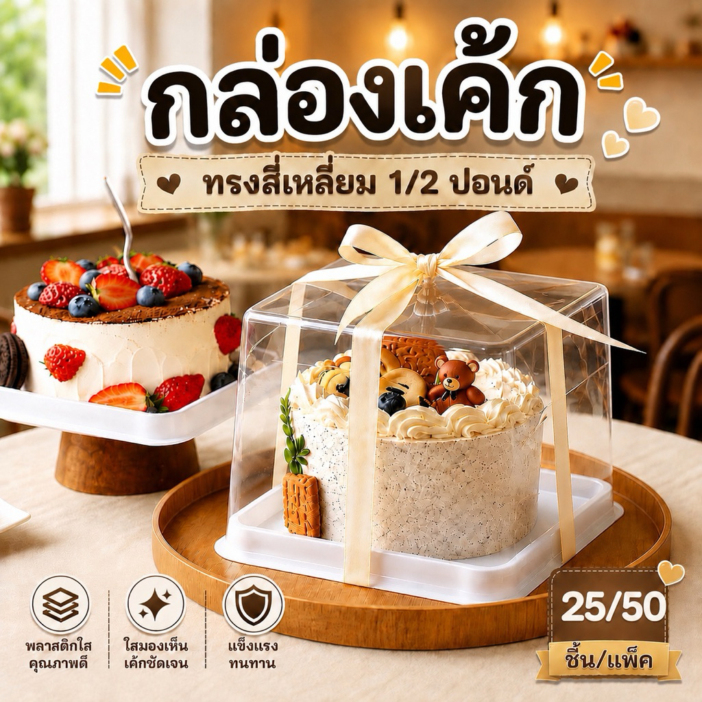 กล่องเค้กทรงสี่เหลี่ยม กล่องเค้ก 1/2 ปอนด์ ทรงสูง ฝาใส ขนาด 4 นิ้ว 5 นิ้ว (25/50 ชิ้น)