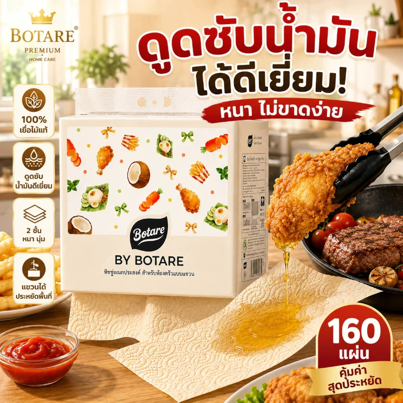 【4 แพ็ค】 Botare ทิชชู่เช็ดครัว ซึมซับน้ำมันได้ดี หนา 2 ชั้น 320 แผ่น ขนาด 223 x 200 มม. 4 แพ็ค