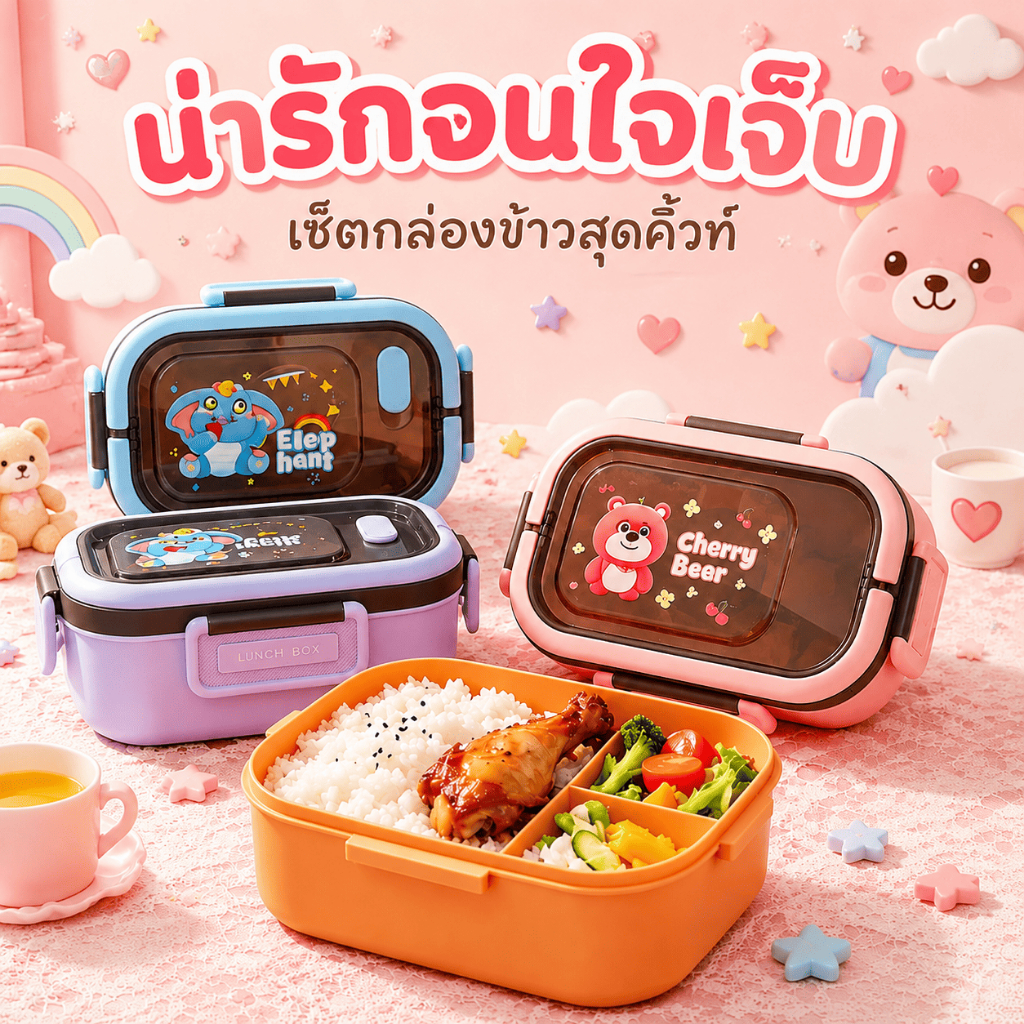 【พร้อมส่ง】 กล่องข้าว เซ็ตกล่องข้าวเด็ก ลายการ์ตูน น่ารักสุดคิ้วท์ แบ่งช่อง ฝาใส กล่องใส่อาหาร