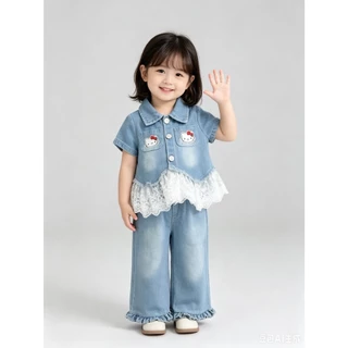 BB357 ชุดเดนิมสีฟ้าเด็กผู้หญิง เสื้อสั้นแขนลูกไม้+กางเกงขากว้าง ชุดของขวัญวันแม่ สำหรับเด็กเล็ก-โต ผ้านุ่มใส่สบายฺฺ