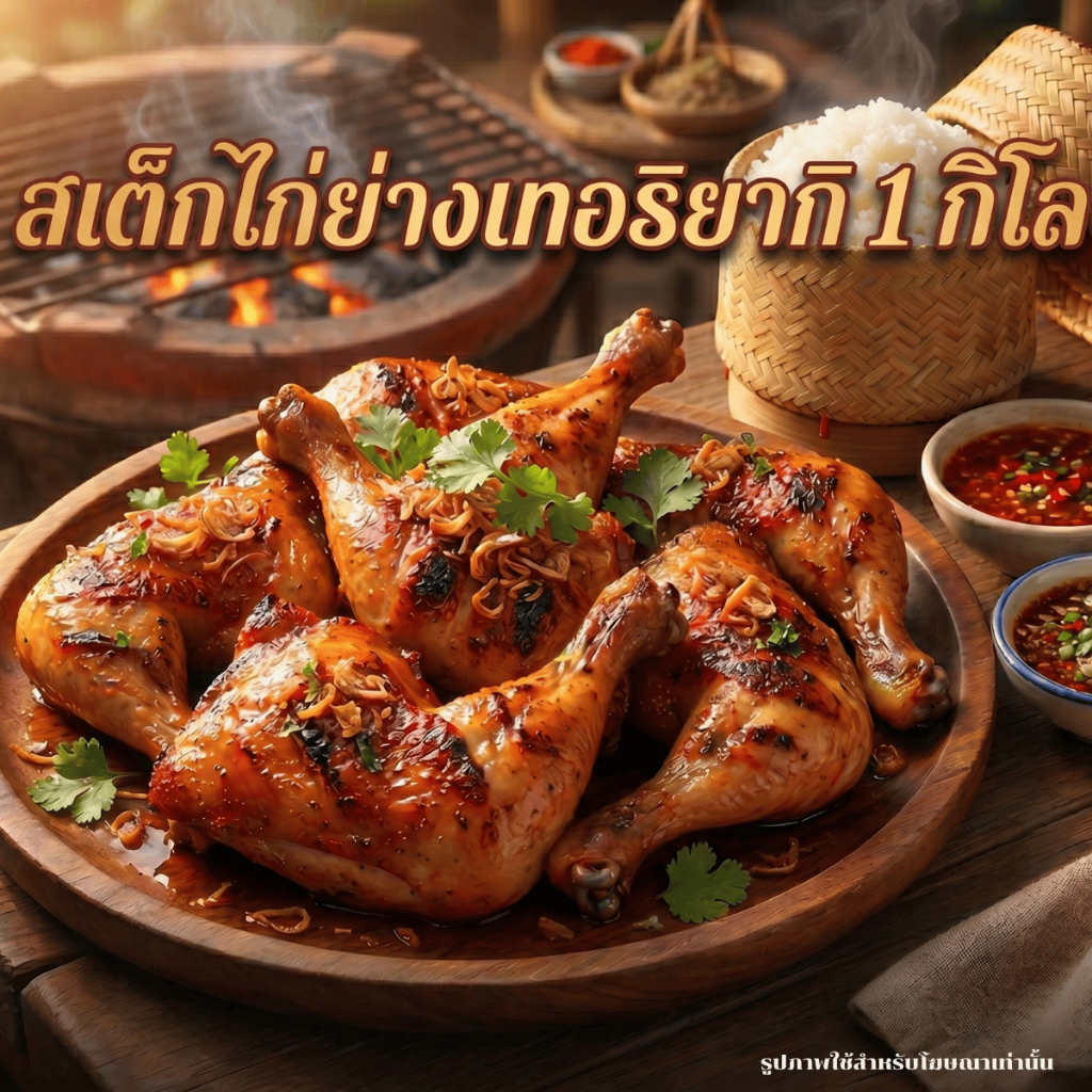 สเต็กไก่ย่างเทอริยากิ 1 กิโล ไก่นุ่มหมักพร้อมปรุง รสชาติกลมกล่อม เนื้อนุ่มชุ่มฉ่ำ น่องสะโพกไก่ย่างหอมพร้อมทาน