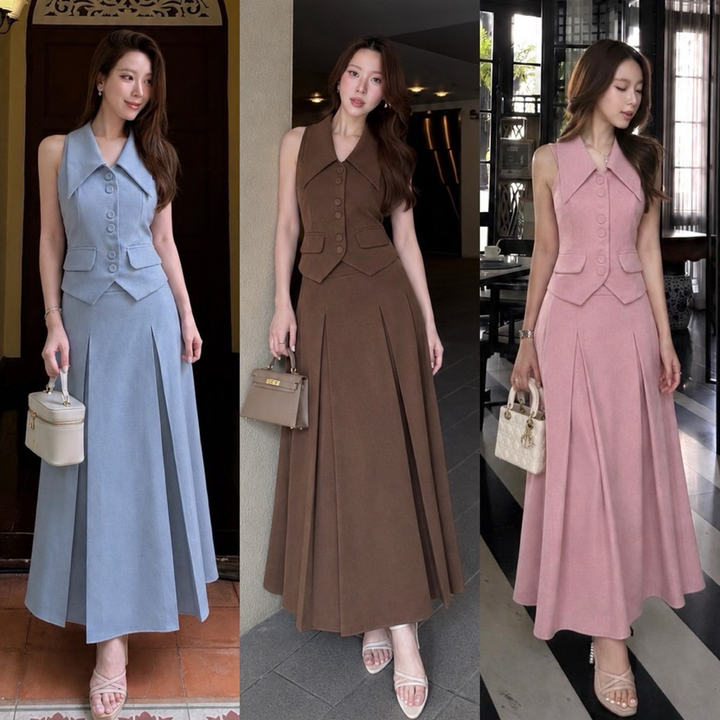D10 งานป้าย Cherish Set ชุดเซ็ท 2 ชิ้น เสื้อคอปก กระโปรงยาวจับจีบ สำหรับผู้หญิง สาวอวบ เสื้อผ้าแฟชั่นผู้หญิง ไซส์ S-2XL