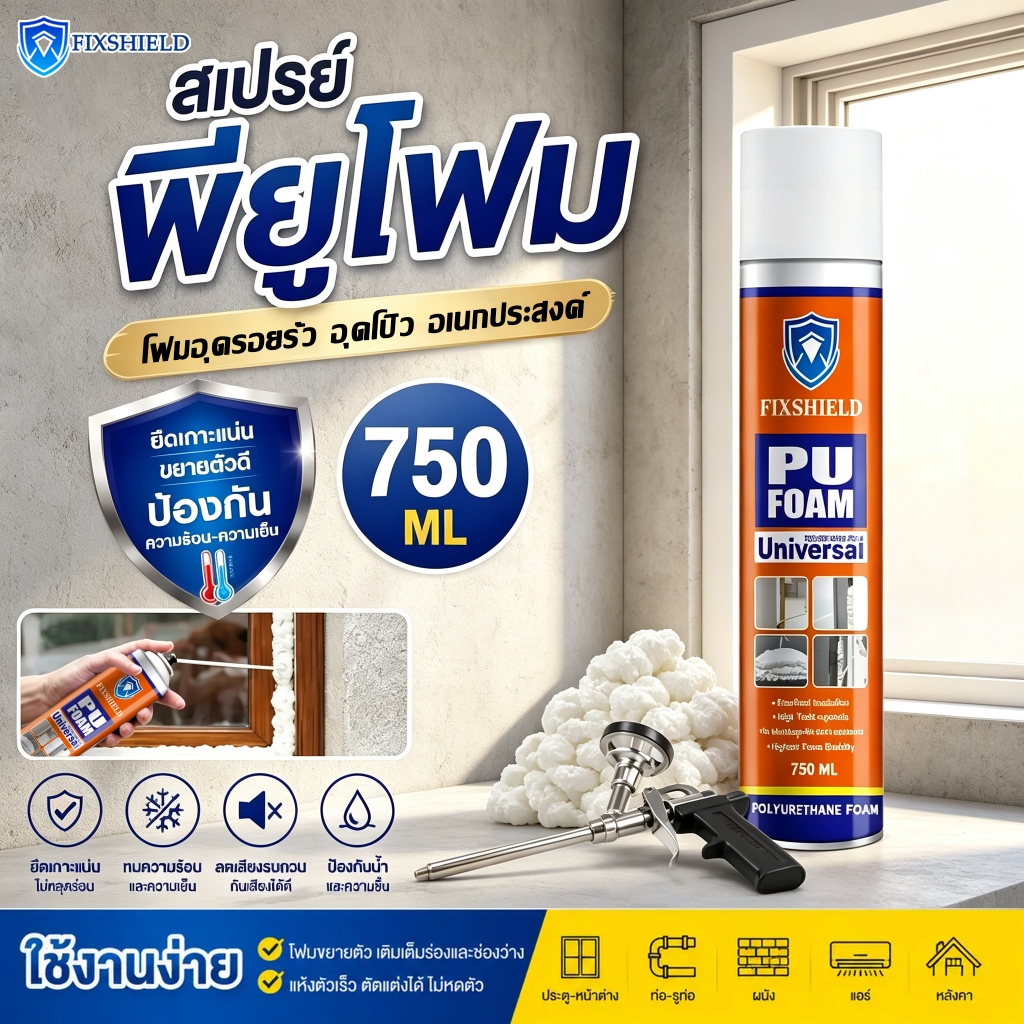 พียูโฟมกระป๋อง ขนาด 750 ML กันเสียงและฉนวนกันความร้อน ยืดหยุ่นสูง สเปรย์โฟมเอนกประสงค์ โฟมอุดรอยรั่ว PU FOAM