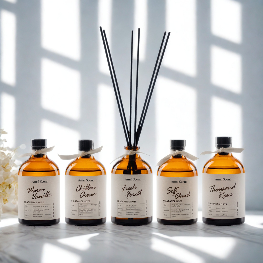 Amai Scent ก้านไม้หอม 100ml รวมกลิ่น พรีเมียม หอมนาน 2-3 เดือน มีถุงผ้า Reed Diffuser น้ำหอมในบ้าน