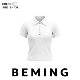 Bemingtop1223(S-4XL)-Lolety Top - เสื้อโปโลแขนสั้นดีไซน์มินิมอลตกแต่งกระดุมหน้าและปักโลโก้ BMG