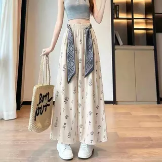 ผ้าดีมาก！！กางเกงขายาวลายดอกไม้ ผ้าสวยใส่สบาย เอวยืดได้ มีซิปข้างT-2624