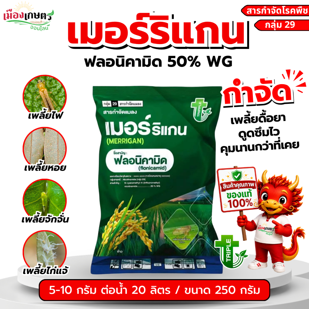 เมอร์ริแกน ขนาด 250 กรัม หมัดเด็ดกำจัดเพลี้ย เพลี้ยไฟ เพลี้ยหอย เพลี้ยไก่แจ้ เพลี้ยอ่อน เพลี้ยแป้ง คุมนาน ดูดซึม