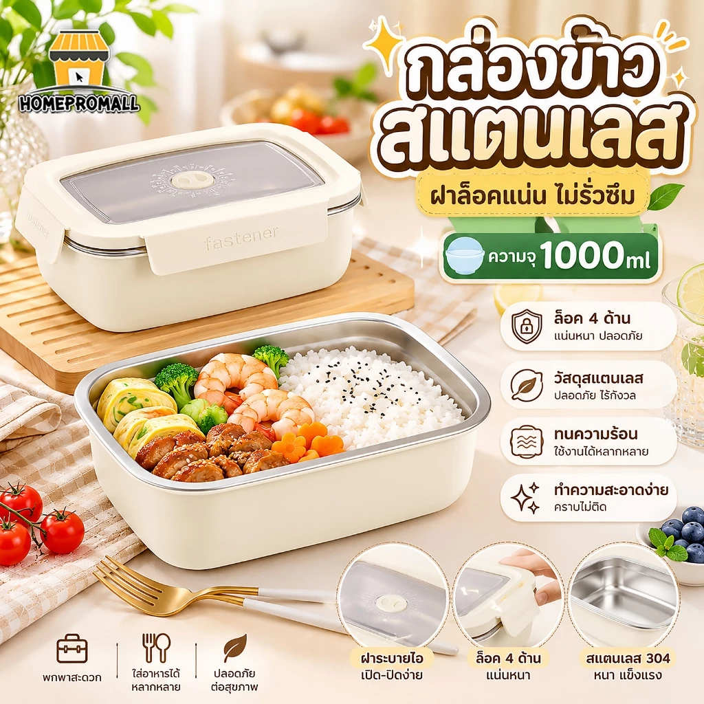 กล่องข้าวสแตนเลส หนาสองชั้น ความจุ1000ml สีขาวครีม รุ่นฝาล็อค กล่องใส่อาหาร