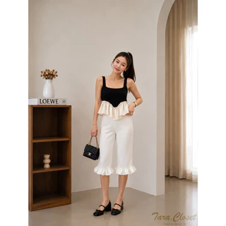 PW600 TARA Short pants กางเกง 4 ส่วน เอวสูง ทรง Biker ปลายขาแต่งระบาย เอวยางยืด มีขอบเอว เนื้อผ้าวูลเวฟ ผ้ายืด ใส่สบาย