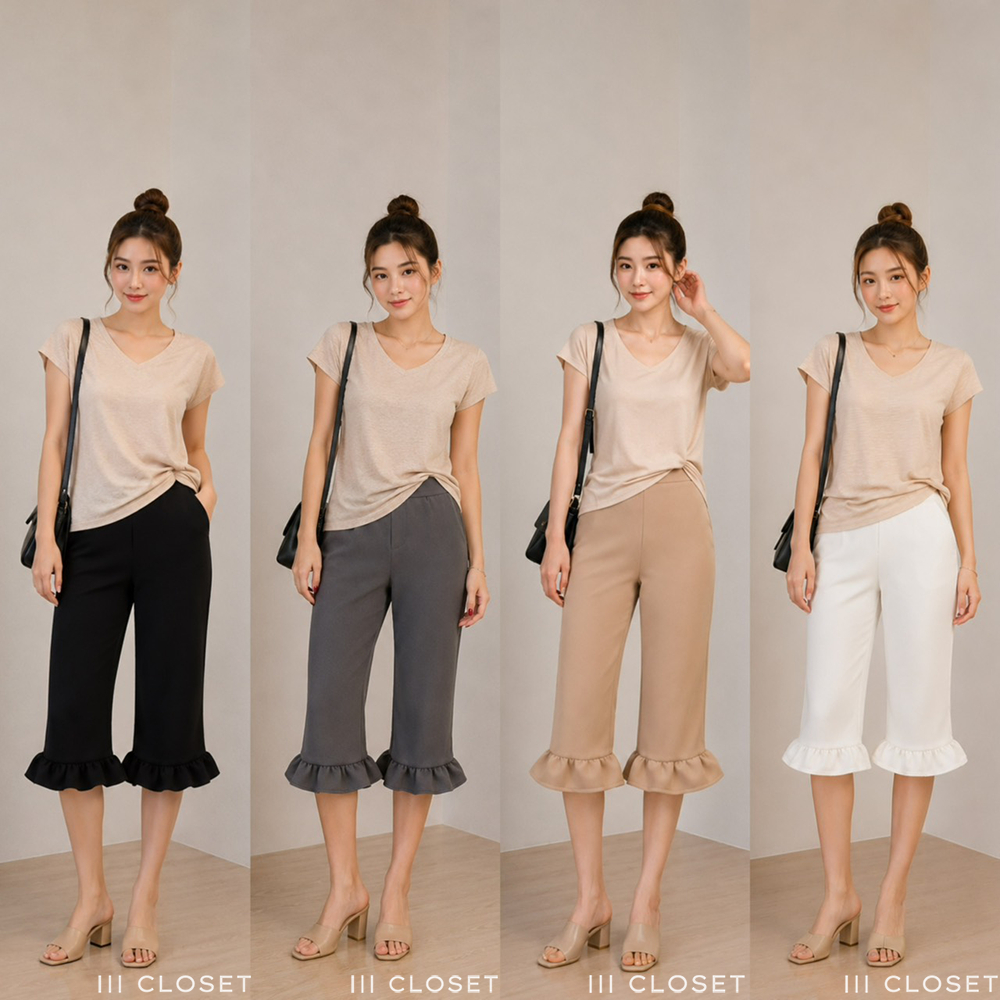 กางเกง 4 ส่วน lll Freesize lll PW600 เอวสูง ปลายขาระบาย ทรง Biker เอวยางยืด มีขอบเอว ผ้าวูลเวฟ เนื้อผ้ายืดนิ่ม ใส่สบาย