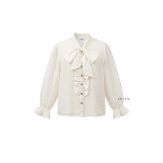 Cheryl brand - Elodie Ruffle Bow Blouse in Ivory & Black / เสื้อแขนยาวผ้าชีฟอง