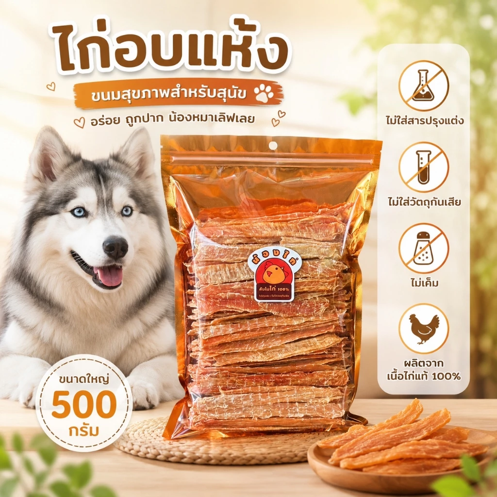 ไก่อบแห้ง ขนมสุนัข ขนมแมว (สติ๊ก) ขนาด 500 กรัม By Nongkai