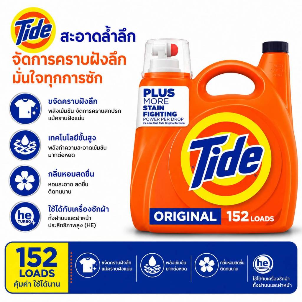 Tide Laundry Detergent Liquid น้ำยาซักผ้าไทด์ กลิ่นออริจินัล ทำความสะอาดล้ำลึก ขจัดคราบฝังแน่น