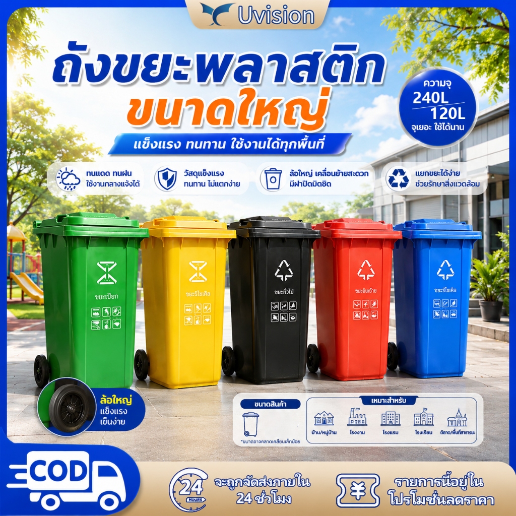 【พร้อมส่ง】ถังขยะพลาสติก 120 ลิตร 240 ลิตร มีล้อ ฝาเปิด-ปิด ถังขยะขนาดใหญ่ ถังแยกขยะ ใช้งานกลางแจ้ง แ