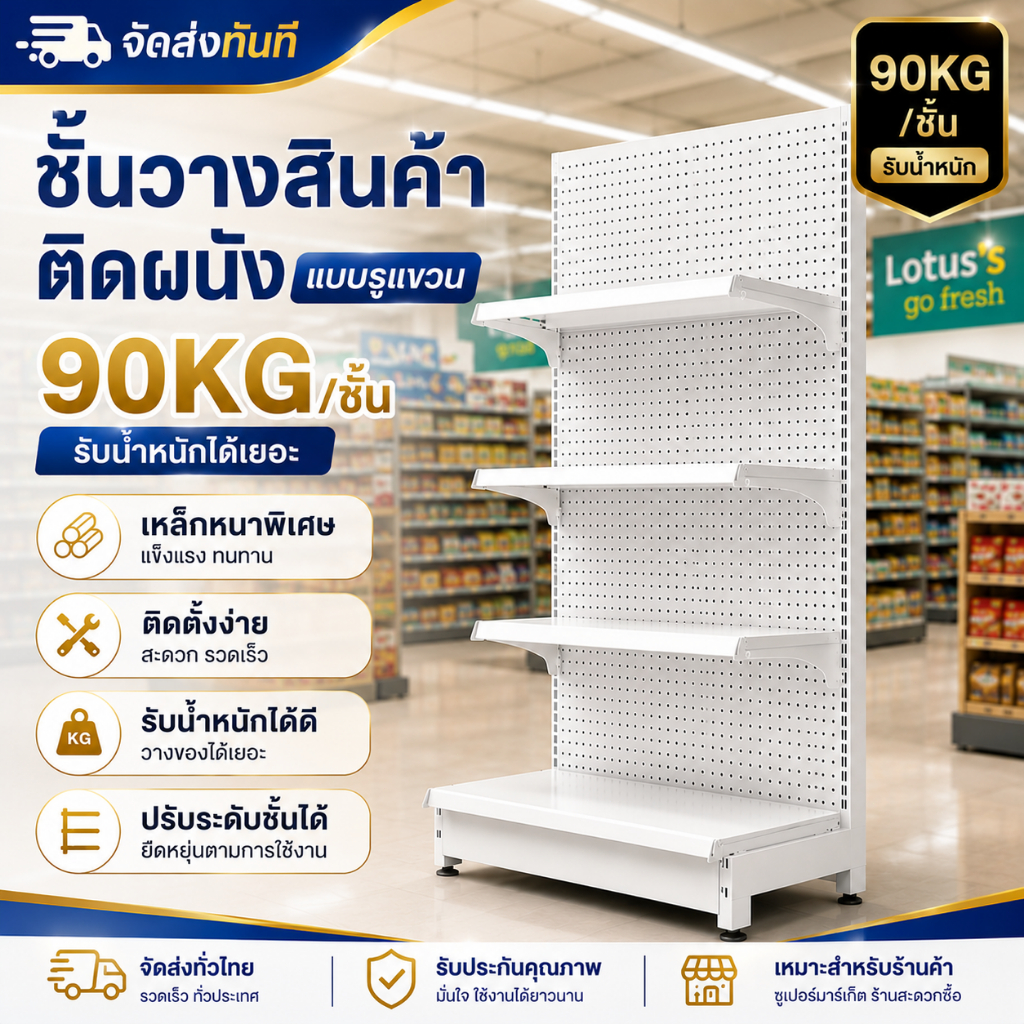 สินค้าใหม่ ชั้นวางติดผนังสำหรับร้านค้า รับน้ำหนัก 90KG/ชั้น แข็งแรง ปรับระดับได้ เหมาะกับหลายประเภทสินค้า