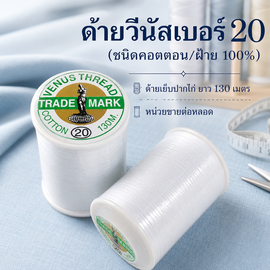 ด้ายวีนัสเบอร์20 ด้ายคอตต้อน ด้ายเย็บปากไก่ ด้ายเย็บไก่ ด้ายเบอร์ 20 สีขาว หน่วยขายเป็นม้วน