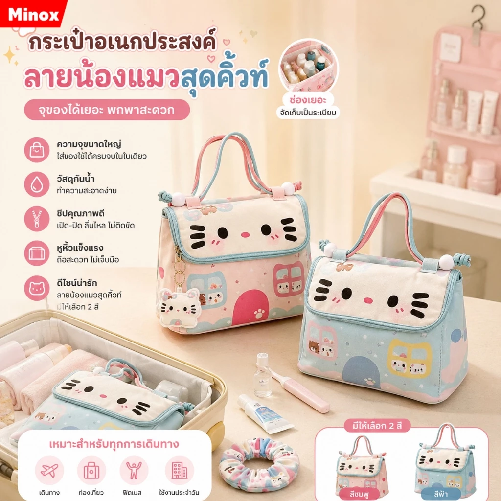 🪐กระเป๋าเครื่องสำอาง🪐 บบพกพา รูปแบบการ์ตูน สีสันน่ารัก ความจุใหญ่ อเนกประสงค์ กันน้ำ