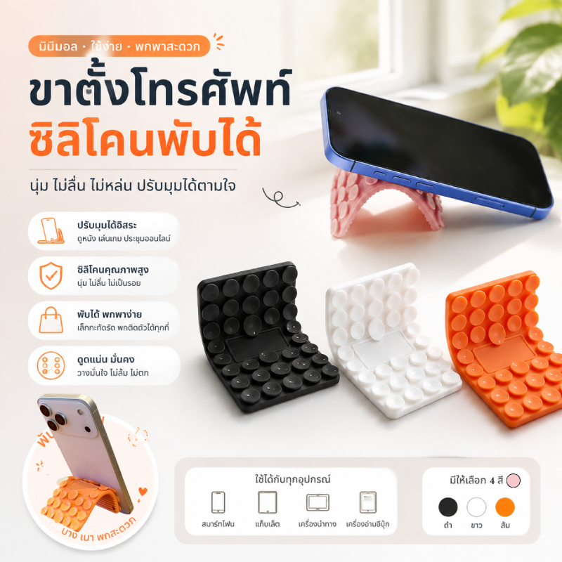 ตัวดูดที่จับโทรศัพท์ ที่วางโทรศัพท์ซิลิโคนยืดหยุ่น พร้อมที่ดูดติดผนัง พับได้ โค้งงอได้ ที่วางโทรศัพท์มือถื ขาตั้งตั้งโต