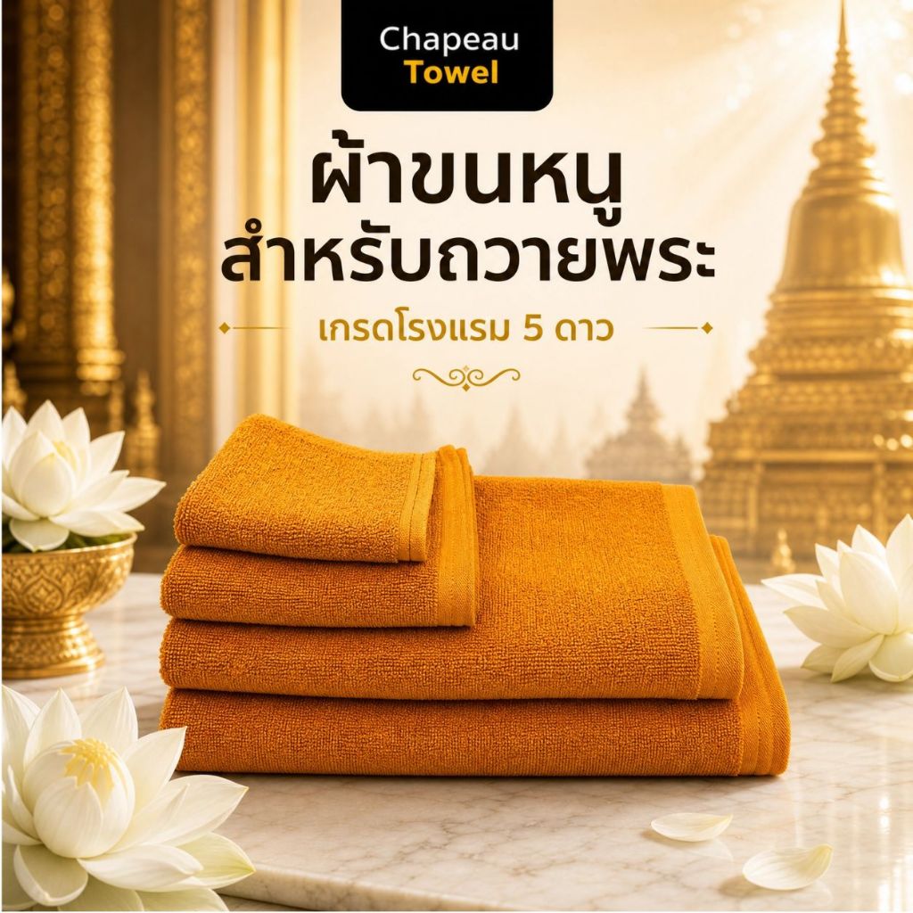 ผ้าขนหนูถวายพระ Cotton 100% ด้ายคู่ Chapeau Towel ซับน้ำดี ขนาดครบ งานบุญ งานถวาย