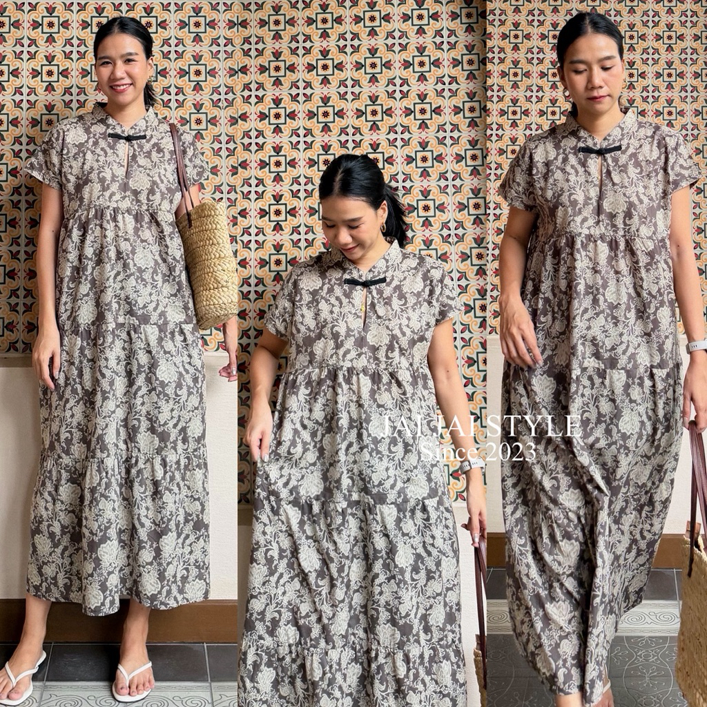 เดรสคอจีนไหล่ล้ำผ้าฝ้ายอินเดีย