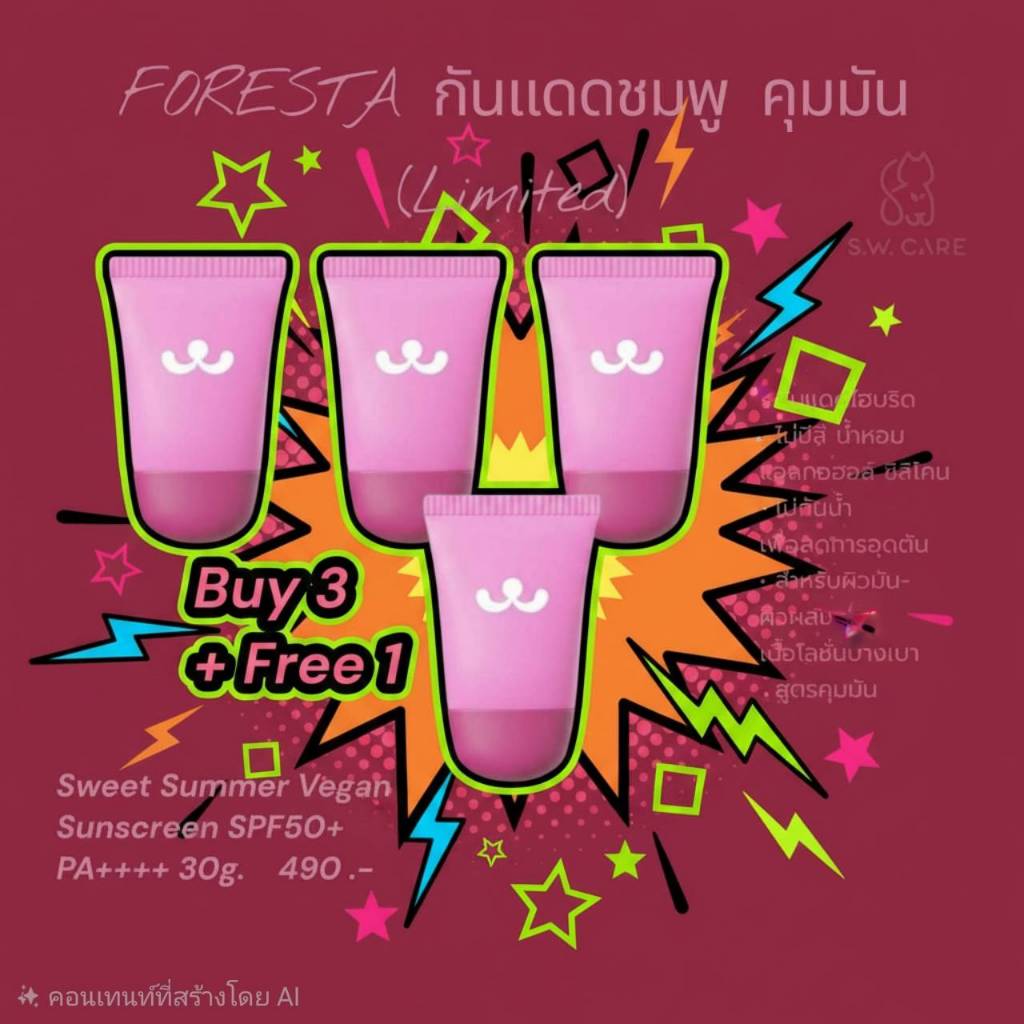 (ตัวแทน) ส่งฟรี Foresta กันแดดชมพู คุมมัน Sweet Summer Vegan Sunscreen 30g